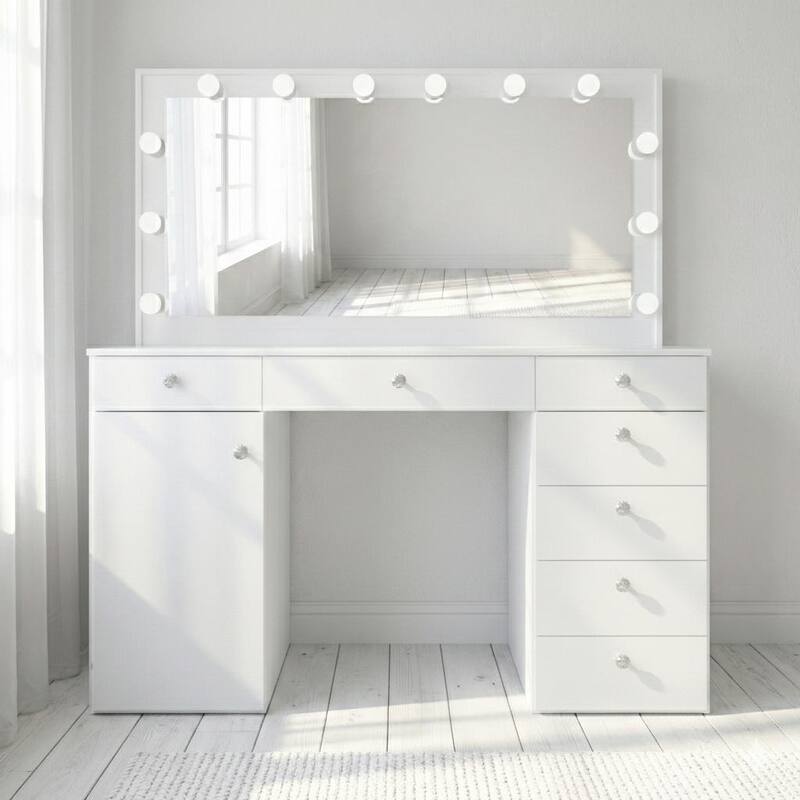 Hollywood Large Makeup Vanity Desk with 12 Light Bulbs; Modern Dressing Table with Multiple Storage Drawers & Crystal Knobs