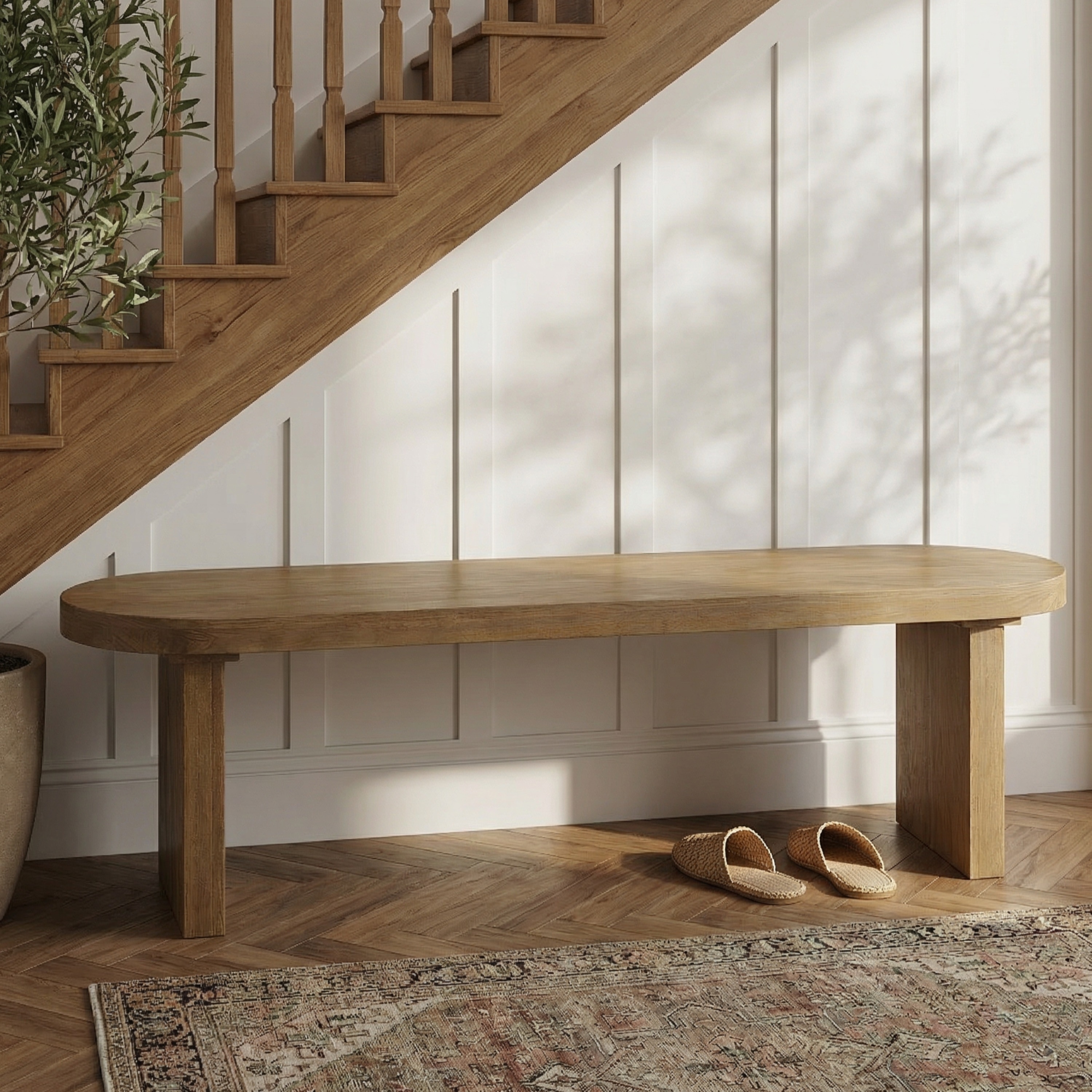 Roomfitters 62.9'' Dining Bench, Modern Minimalist Solid Pine Wood Oval Seating with Slab Legs for Entryway, Natural Oak