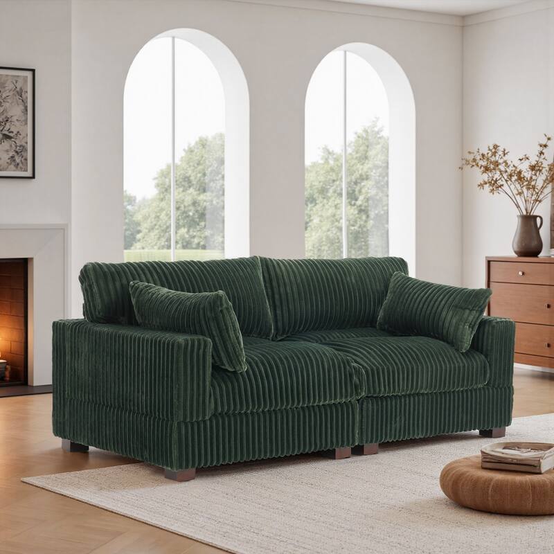Plush Corduroy Upholstered Modular Sectional Sofa with Pillows - Symmetrical - Green-2 Pieces