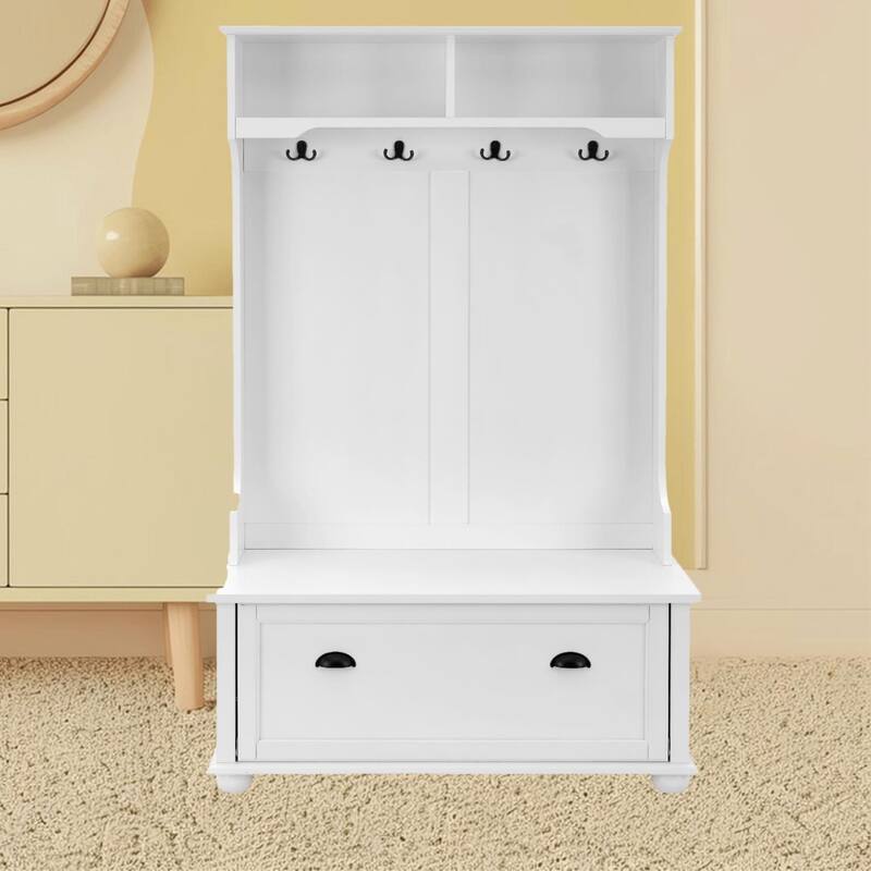 Modern 4-in-1 Hall Tree with Storage Bench, Coat Rack, Shelves, Shoe Rack and Solid Wood Feet for Entryway, Hallway and Porch - White