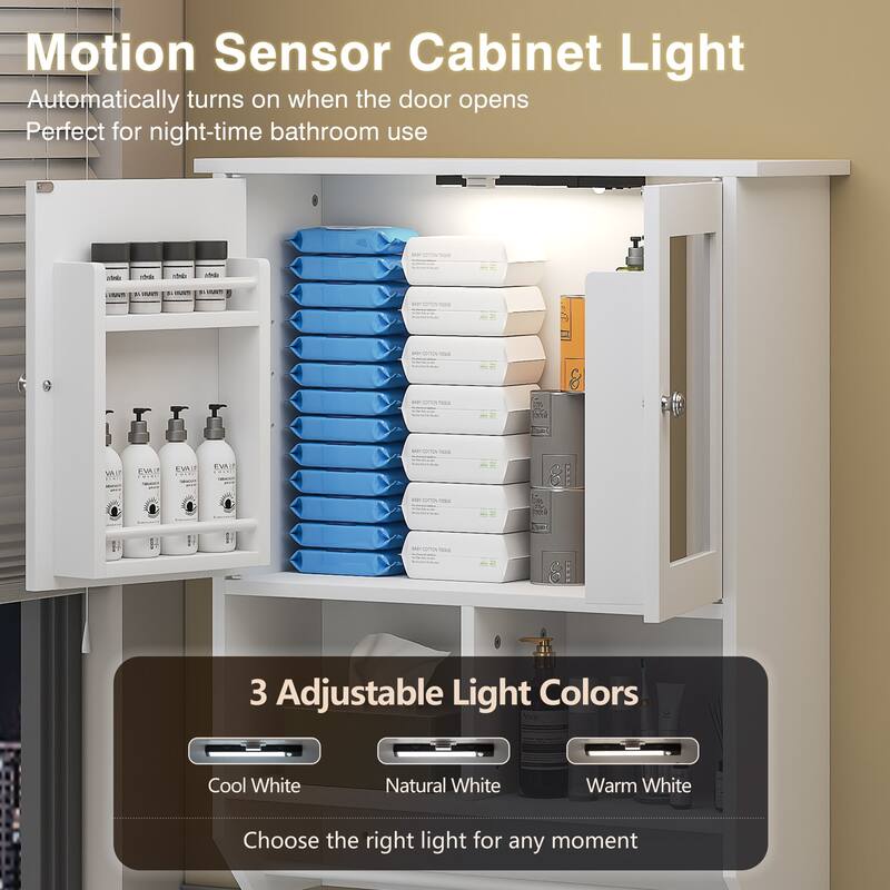 VECELO White Double Door LED Mirror Medicine Cabinet with Adjustable Shelves Tempered Glass Wall Mounted Bathroom Cabinet