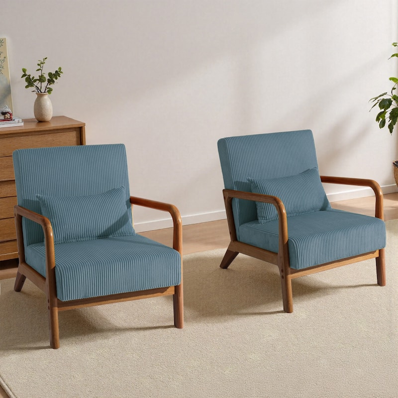 25" W Mid Century Upholstered Wood Accent Chair with Pillow set of 2 - Dark Wood - Blue