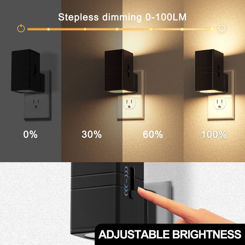 YANSUN Set of 2 Plug-in Dusk-to-Dawn Night Lights, Black Square Up Down Wall Lamp, 3000K Warm Light, Sliding Dimmer, US Plug