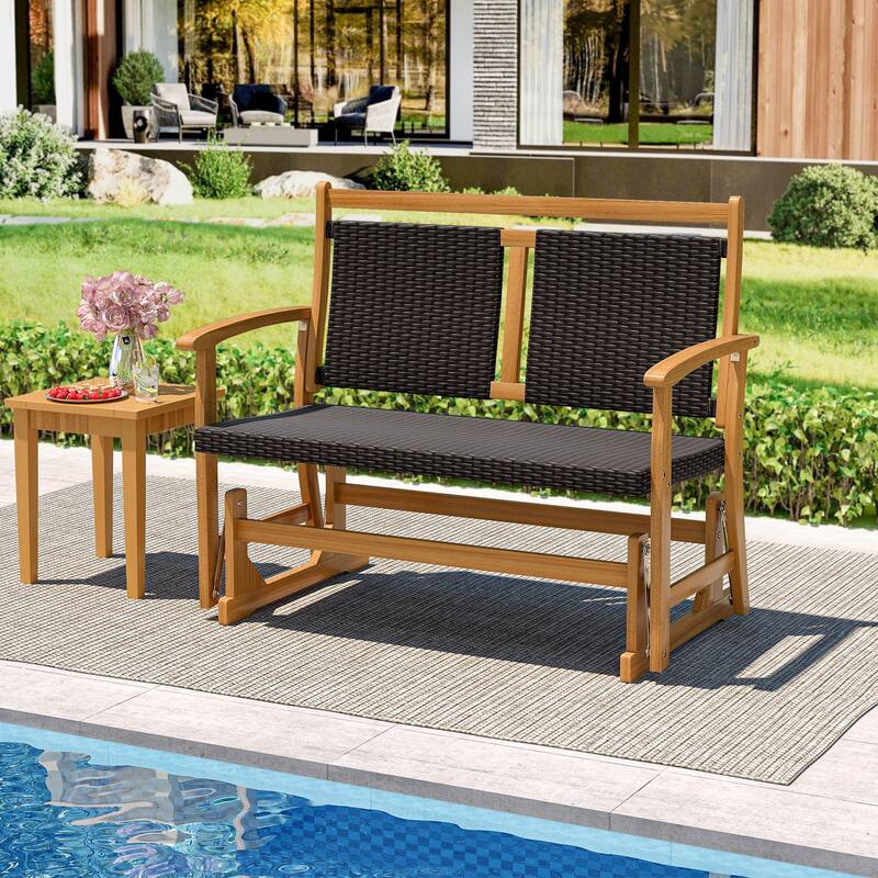 Gymax Patio Rattan Glider Bench Swing Gliding Rocker for 2 w/ Acacia