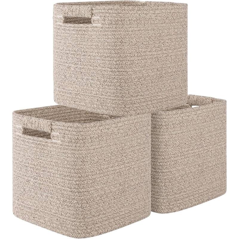 Storage Cubes 11 Inch Storage Bins-3-Pack, Cotton Rope Woven Baskets - 11"L x 11"W x 11"H - Brown
