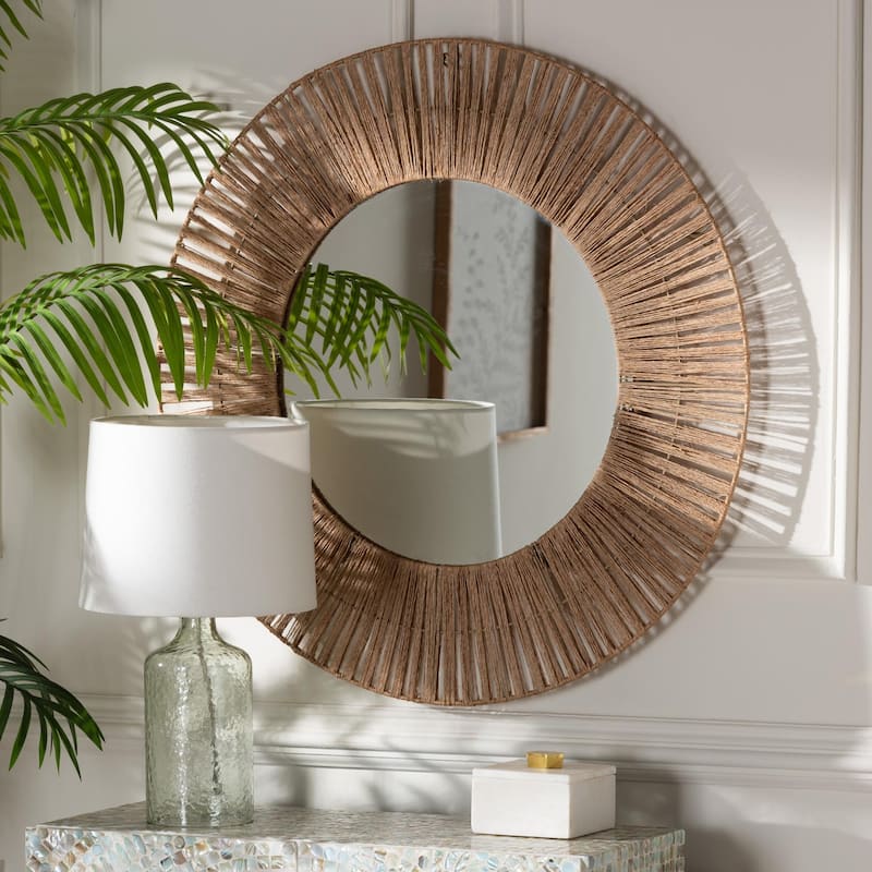 Leala Modern Bohemian Metal and Natural Brown Seagrass Accent Wall Mirror - Natural Brown