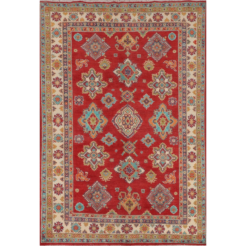 Red Geometric Kazak Area Rug Handmade Traditional Wool Carpet - 5'6" x 7'9"