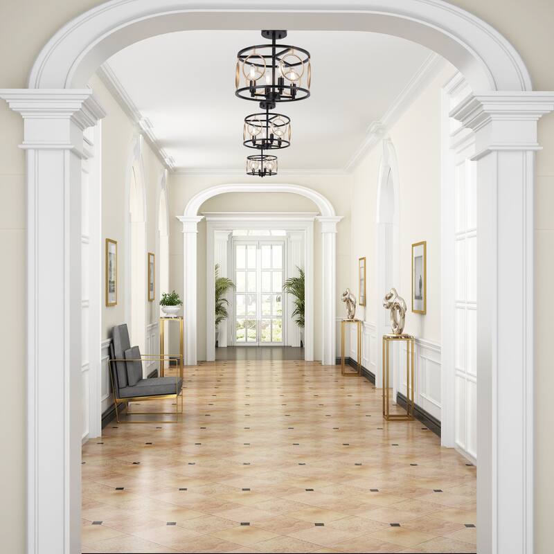 Tinka Modern Farmhouse 4-light Drum Chandelier Black Gold Semi-flush Mount Ceiling Light - D 13"* H 13.5"