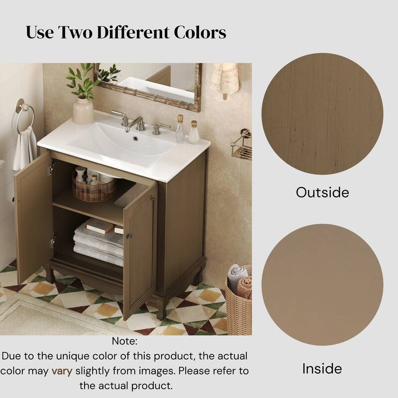 30-Inch Vintage Bathroom Vanity, Rectangle Ceramic Sink, 2 Doors, Solid Wood Legs and Adjustable Shelves