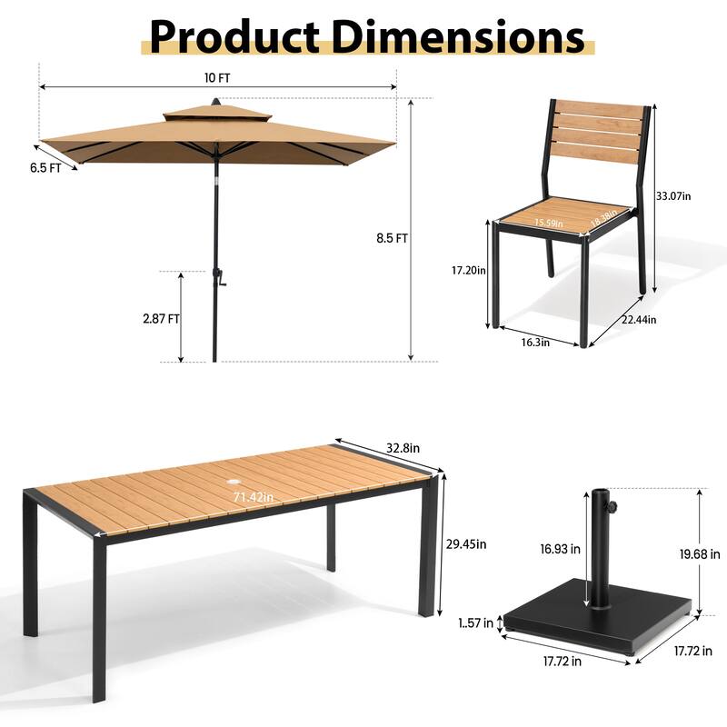 Set of 9 Outdoor Patio Dining Set WoodLike Aluminum Umbrella Hole Table with Stackable Chairs, Market Umbrella Set