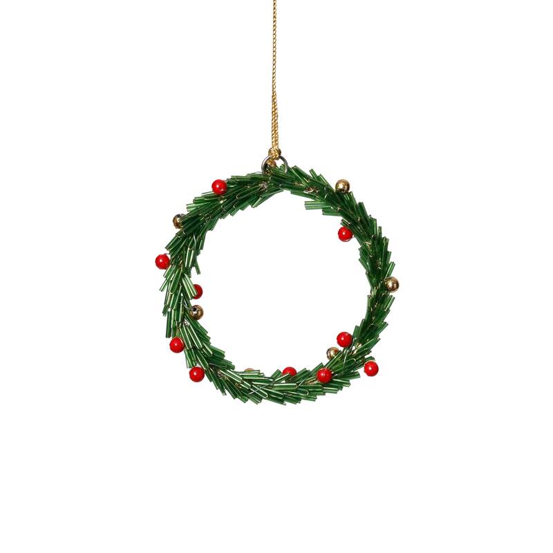Festive Beaded Christmas Round Hanging Ornaments with Red Berries, Set of 12, 4" - Green