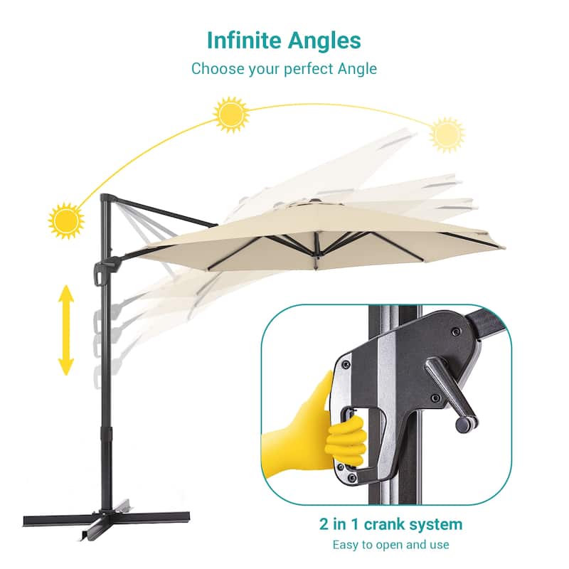 BONOSUKI 11FT LED Cantilever Patio Umbrella 360 Rotation w/Cross Base