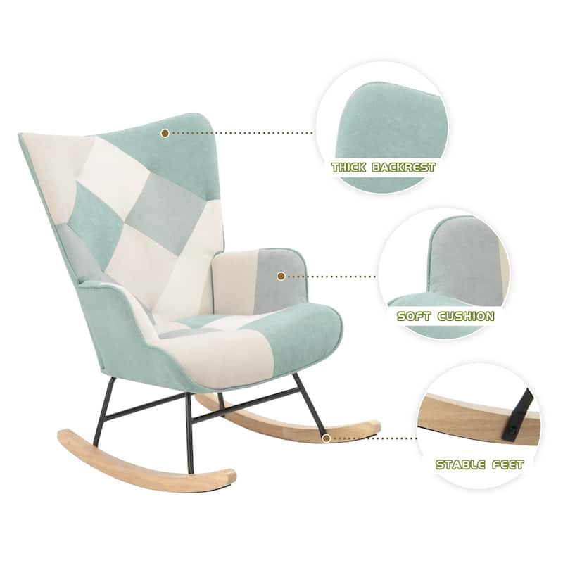 Patchwork Linen Rocking Chair with Ottoman (Mid-Century Style)