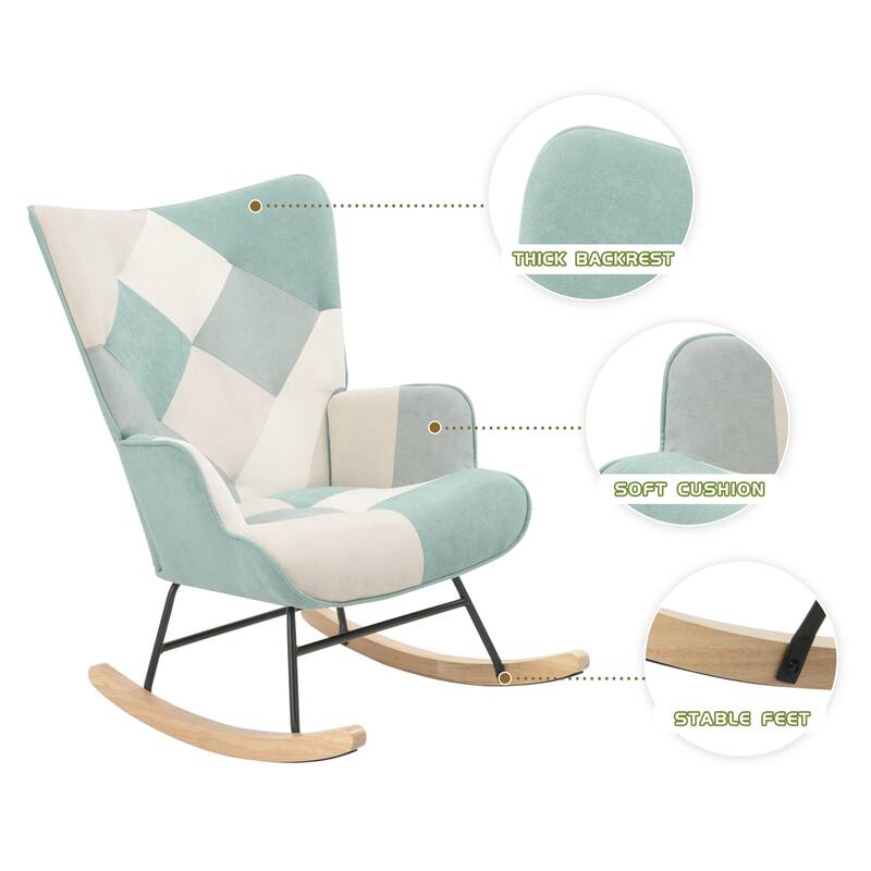 Patchwork Linen Rocking Chair with ottoman Wood Legs