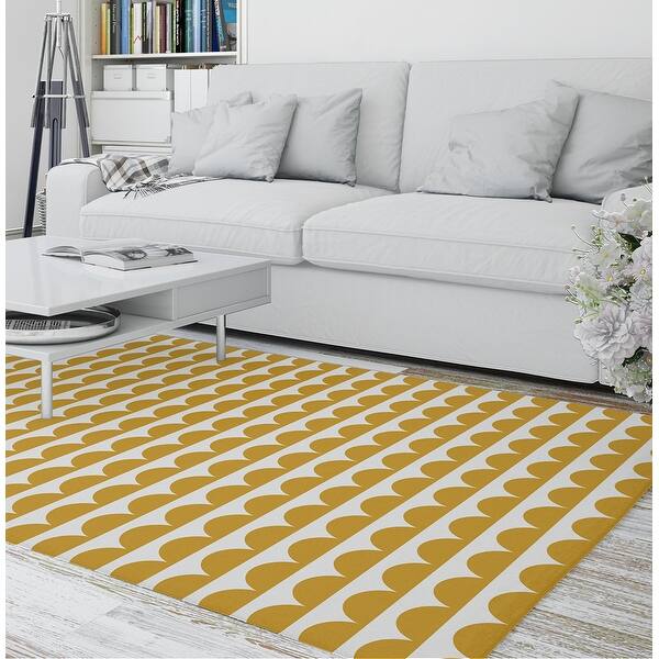 Midcentury Scallop Mustard Area Rug by Kavka Designs On Sale Bed
