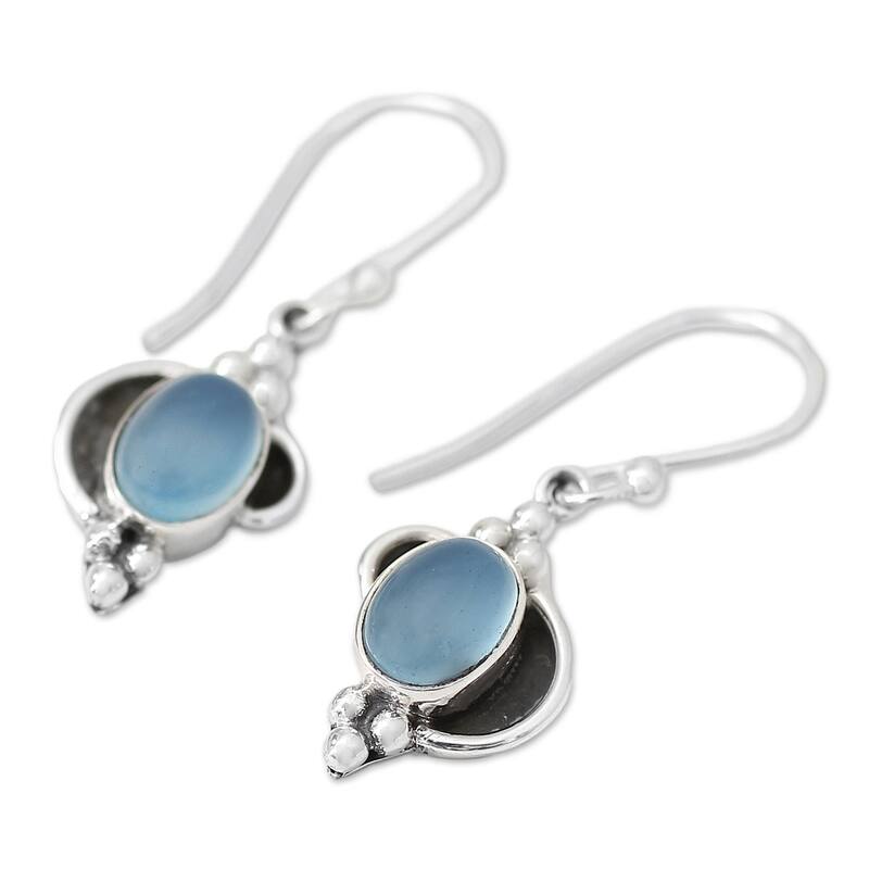 Handmade Sterling Silver 'Sky Charm' Chalcedony Dangle Earrings (India)