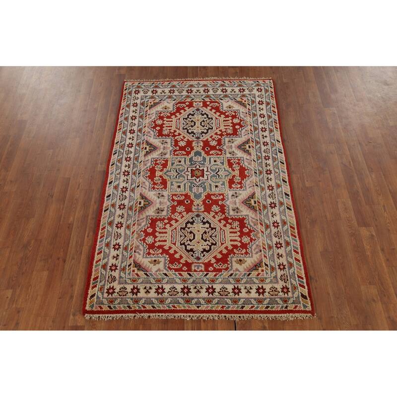 Red Geometric Kazak Oriental Area Rug Handmade Wool Carpet - 3'10"x 6'0"