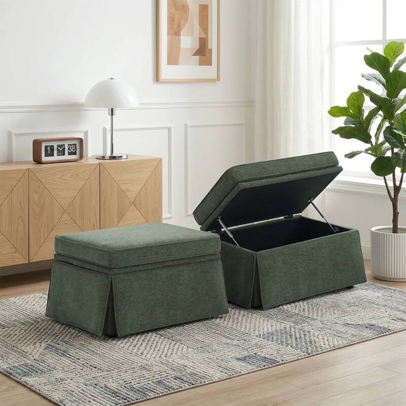 2 Set Rectangle Chenille Upholstered Storage Ottoman - Green