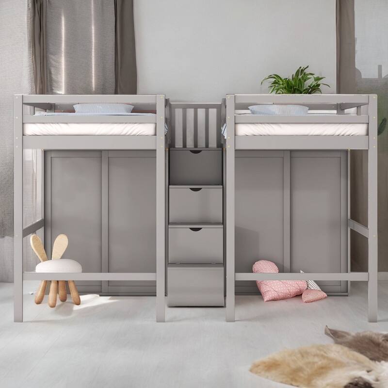 Wooden Bed with Staircase, Twin Size Double Loft Beds with Wardrobes, Space-saving Bed with Guardrails and Ladder, Grey