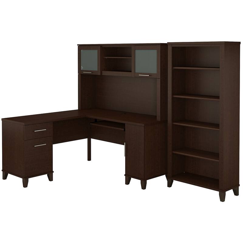 Somerset 60W L Shaped Desk with Hutch and 5 Shelf Bookcase in Ash Gray