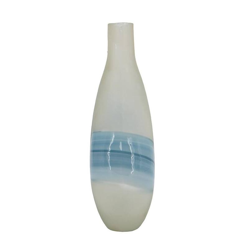 16" White And Blue Swirl Art Glass Table Vase - 10.20