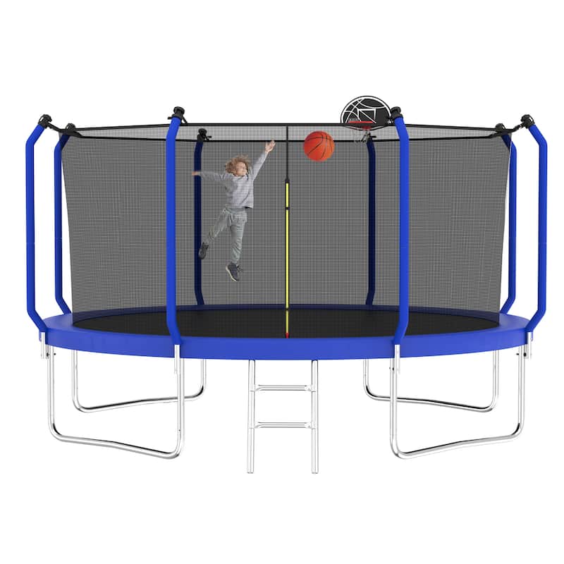12FT Trampoline with Basketball Hoop, ASTM Approved Reinforced Type Outdoor Trampoline with Enclosure Net