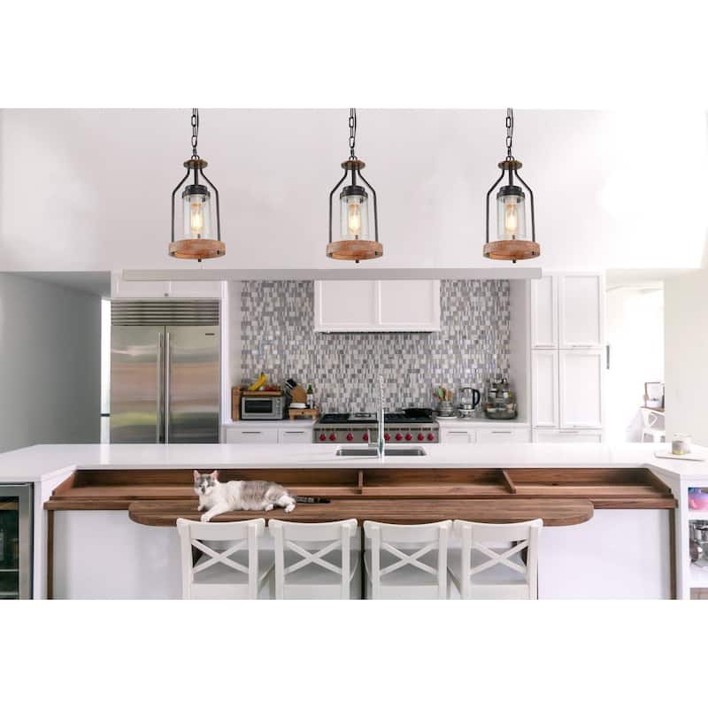 Anmytek Farmhouse 1-Light Black Cage Pendant Light Cylinder Glass Kitchen Island Lights for Dining Room - 7.1"D x 14.5" H