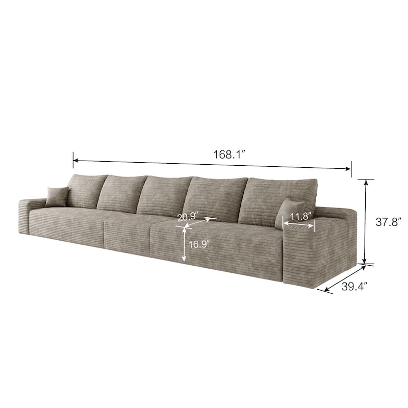 168"Foam 6-Seater Sofa - Plush Corduroy Cloud Couch with Recliner and High-Resilience Foam