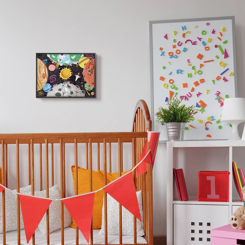 Stupell Lively Outer Space Planets Astronauts on Moon Framed Wall Art - Multi-Color