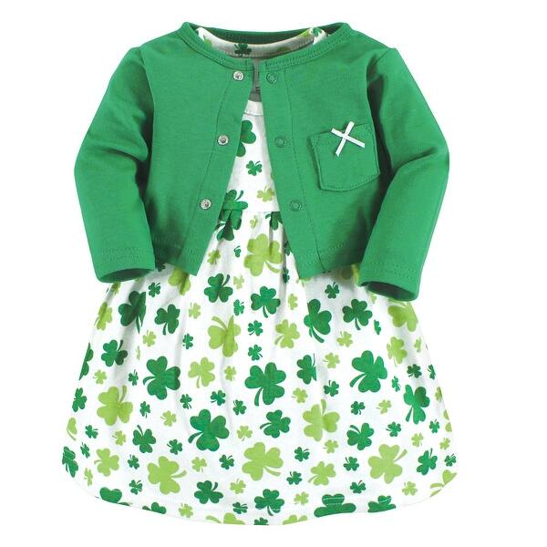 slide 1 of 1, Hudson Baby Infant and Baby Girl Cotton Dress and Cardigan Set, Shamrocks 0-3 Months - Shamrocks
