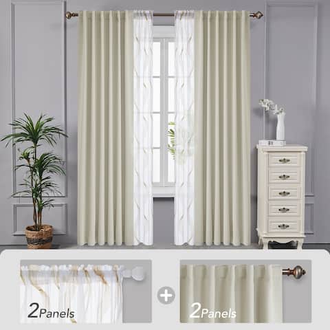 Deconovo Mix & Match Blackout and Embroidered Sheer 4 Piece Curtain Panel Set