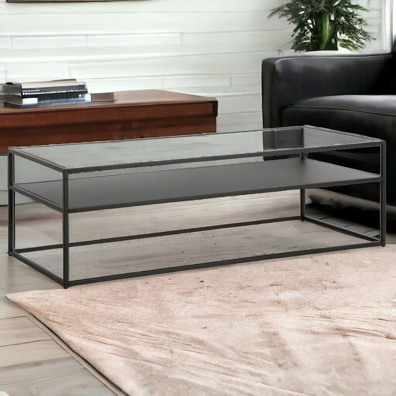 54" Modern Black Rectangular Glass Coffee Table with Steel Frame and Storage Shelf for Living Room - 54"L x 24"W x 17"H