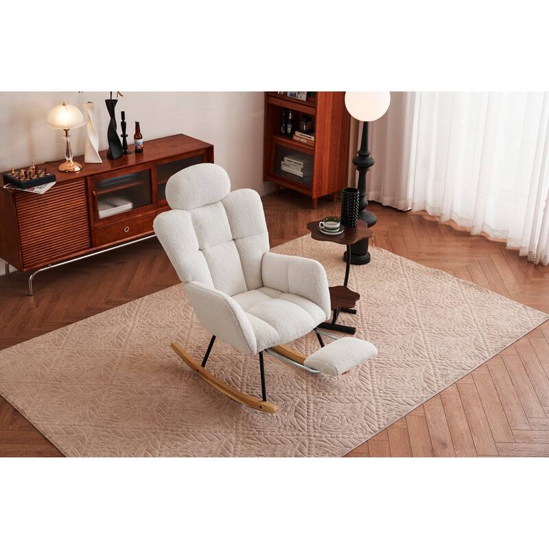 Comfortable Teddy Fabric Upholstered Rocking Chair with High Backrest and Pillows for Indoor Use
