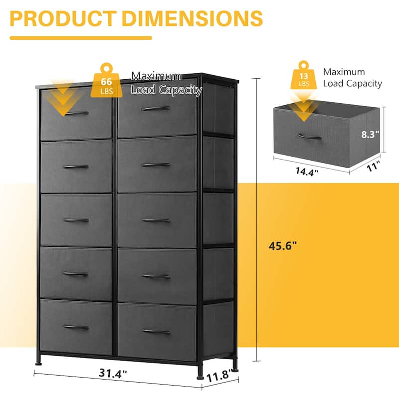 Dresser for Bedroom, 10 Storage Drawers, Anti-Tip Tall Fabric Closet Chests Organizer Tower Furniture Wooden Top Metal Frame
