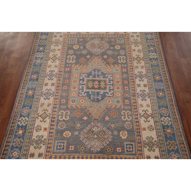 Geometric Kazak Accent Rug Hand-Knotted Wool Carpet - 3'11" x 5'9"