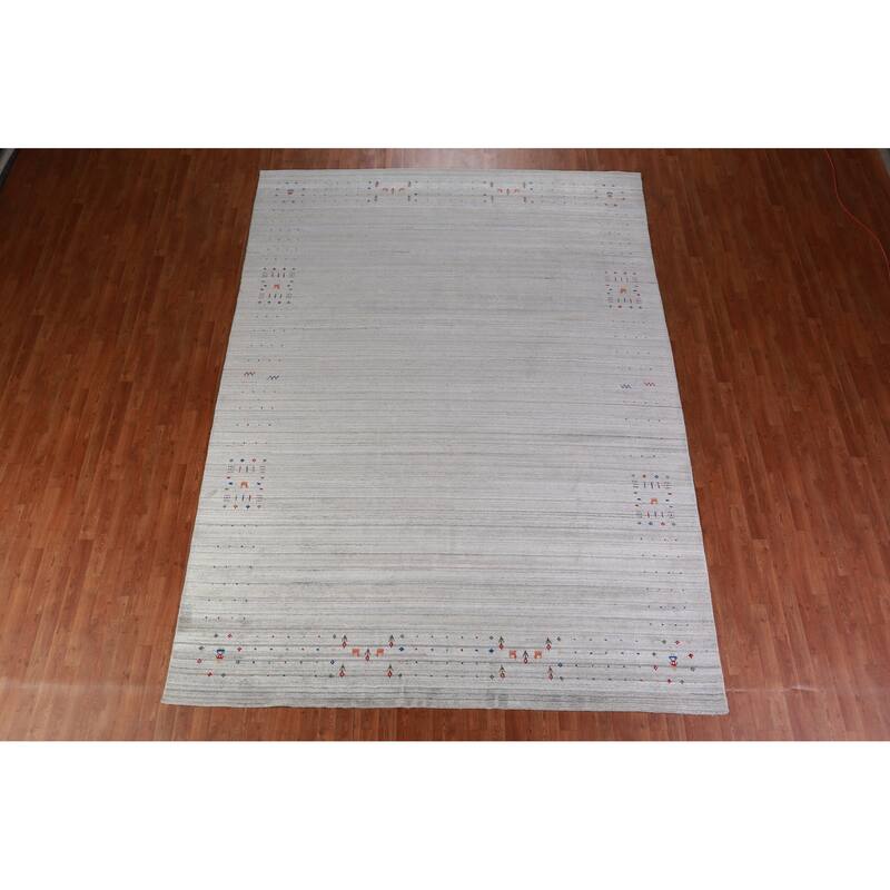 Hand Knotted Oriental 100% Wool Carpet Tribal Stripe Greys & Charcoal Gabbeh Area Rug - 12' 0'' X 8' 10''