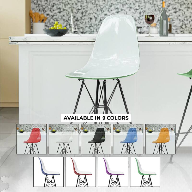 Cresco Acrylic Barstool in Brushed Black Steel Base with Ergonomic Seat, Footrest, & Floor Pads for Kitchen or Home Bar Set of 2
