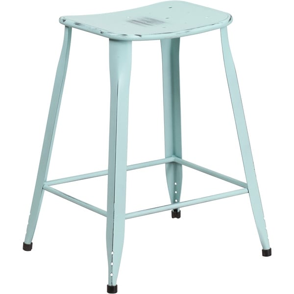 Brimmes 24'' High Distressed Green-Blue Metal Indoor/Outdoor/Patio/Bar Counter Height Stool