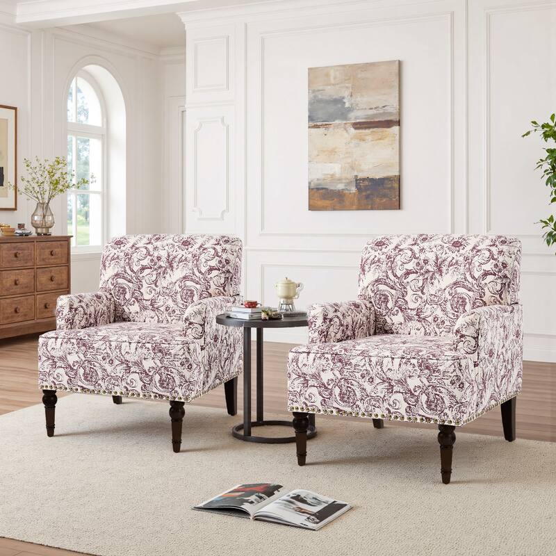 Set 2 Striped Upholstered Linen Armchair with Brass Nailhead Trim