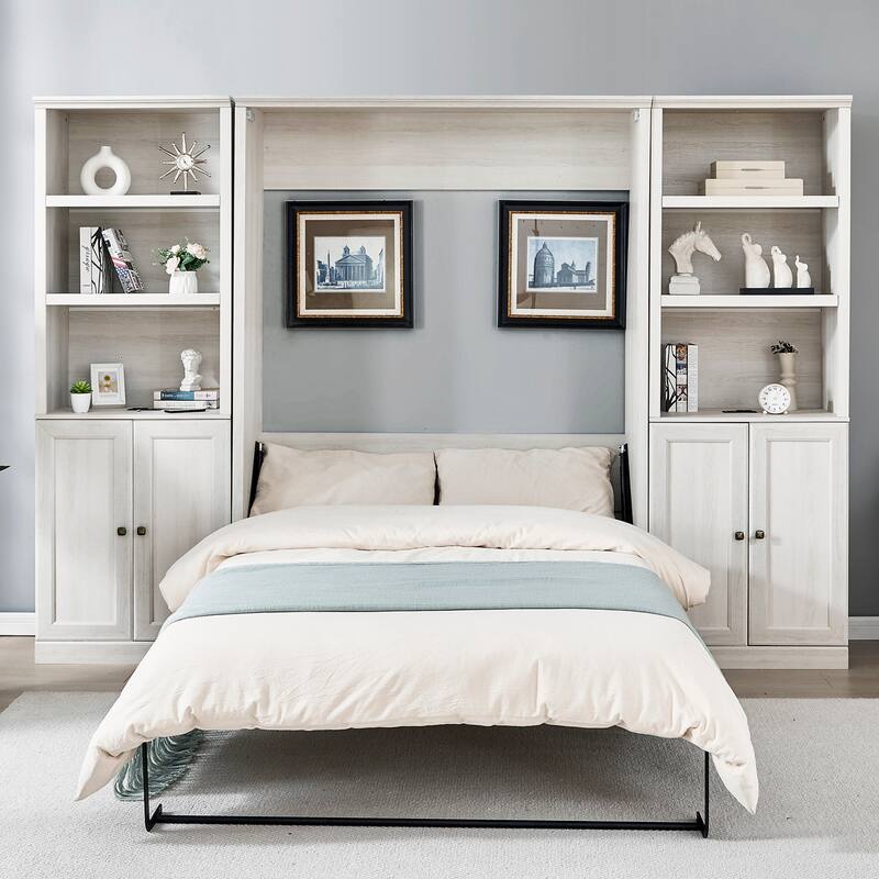 Half Self-Close and Open Murphy Bed with 2 Side Cabinet Storage Shelf