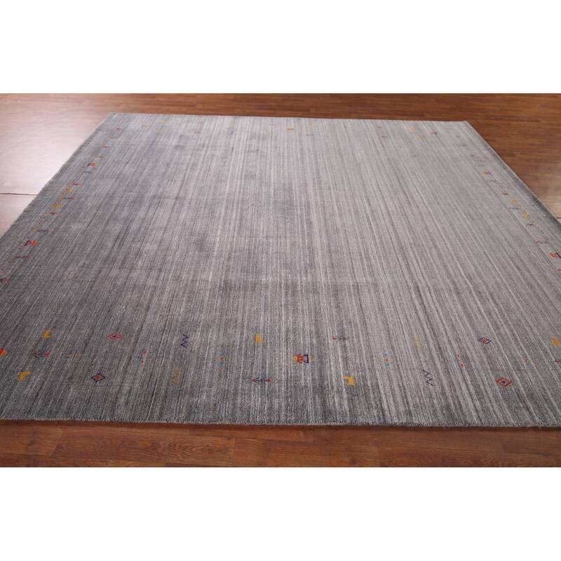 Silver Gray Striped Gabbeh Indian Area Rug Handmade Wool Carpet - 8'0"x 9'8"