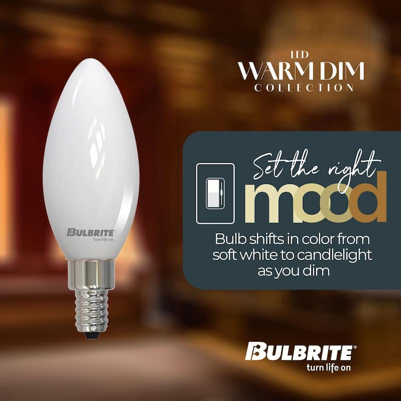 Bulbrite 5 Watt LED B11 Light Bulbs, Warm Dimming 3000K (Soft White) - 1800K (Candlelight), 500 Lumens, (4 Pack) - Pack of 4