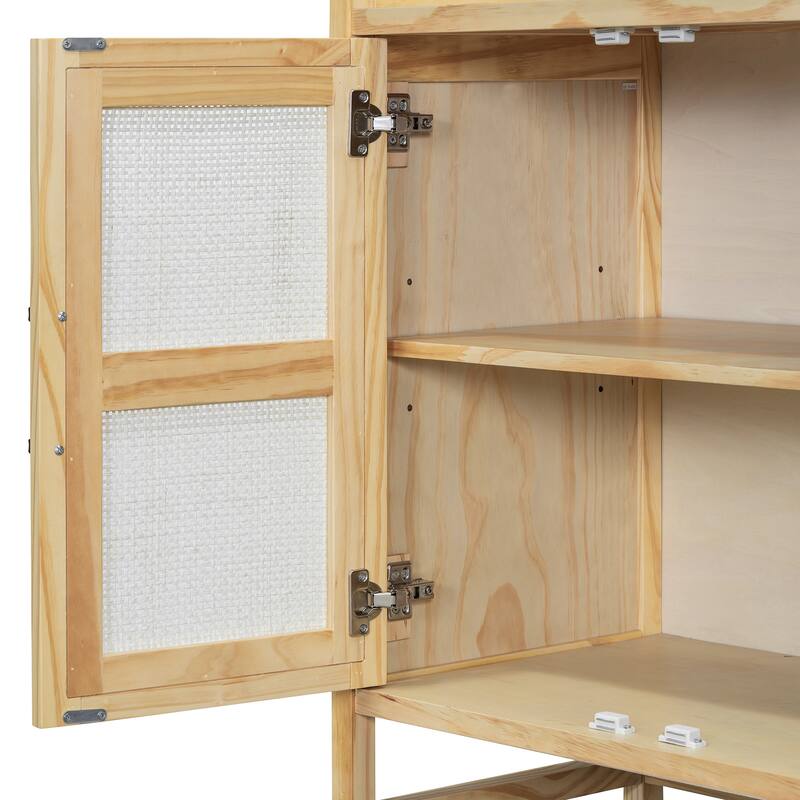 4 Doors Rattan Accent Storage Cabinet Buffet Cabinet, Solid Pine Legs