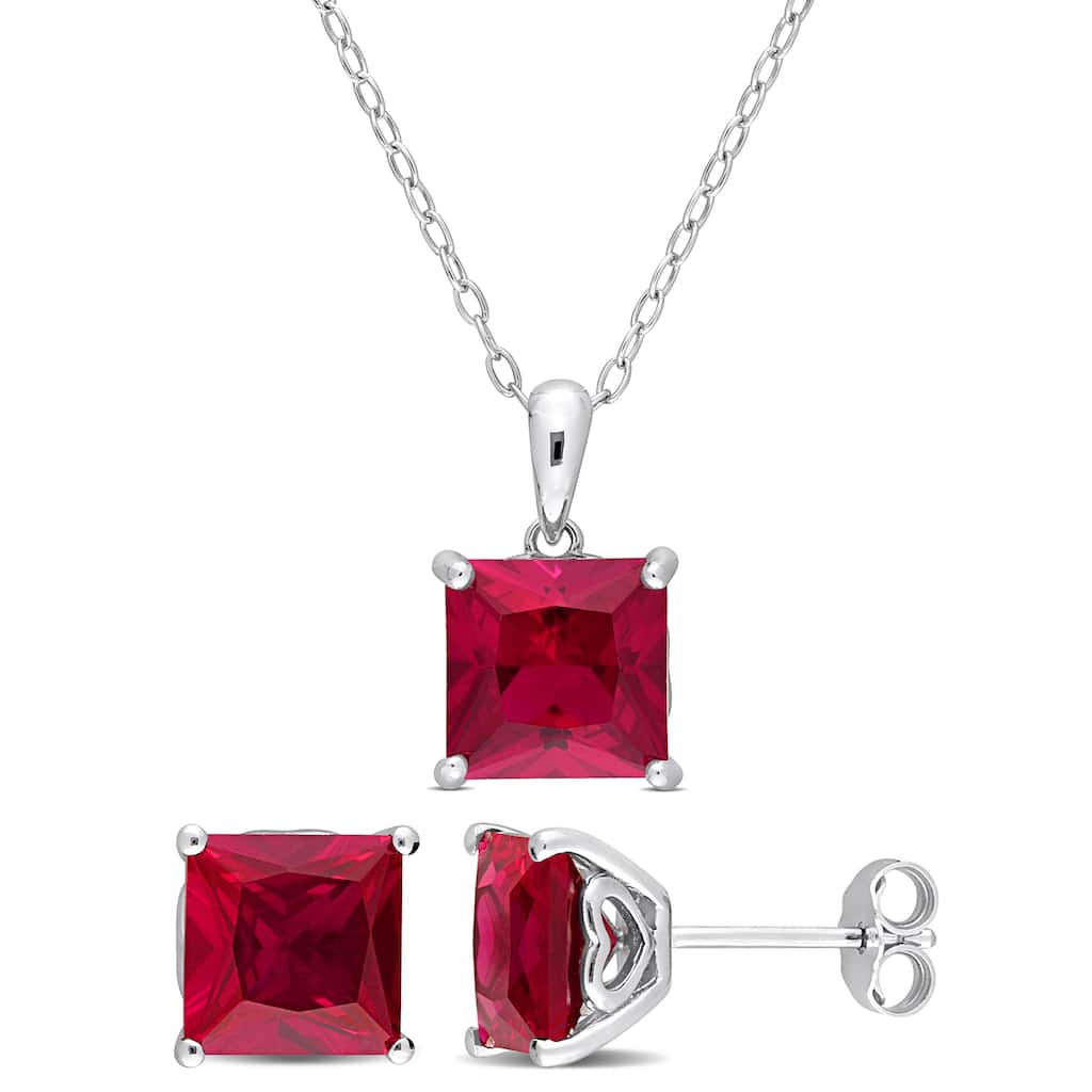 Miadora 9 1/6ct TGW Square Created Ruby Set of Necklace and Earrings in Sterling Silver