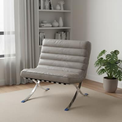 HomeRoots 29" Gray and Silver Tufted Leather and Upholstered Folding Lounge Chair - 29.30 in. x 28.00 in. x 29.30 in.