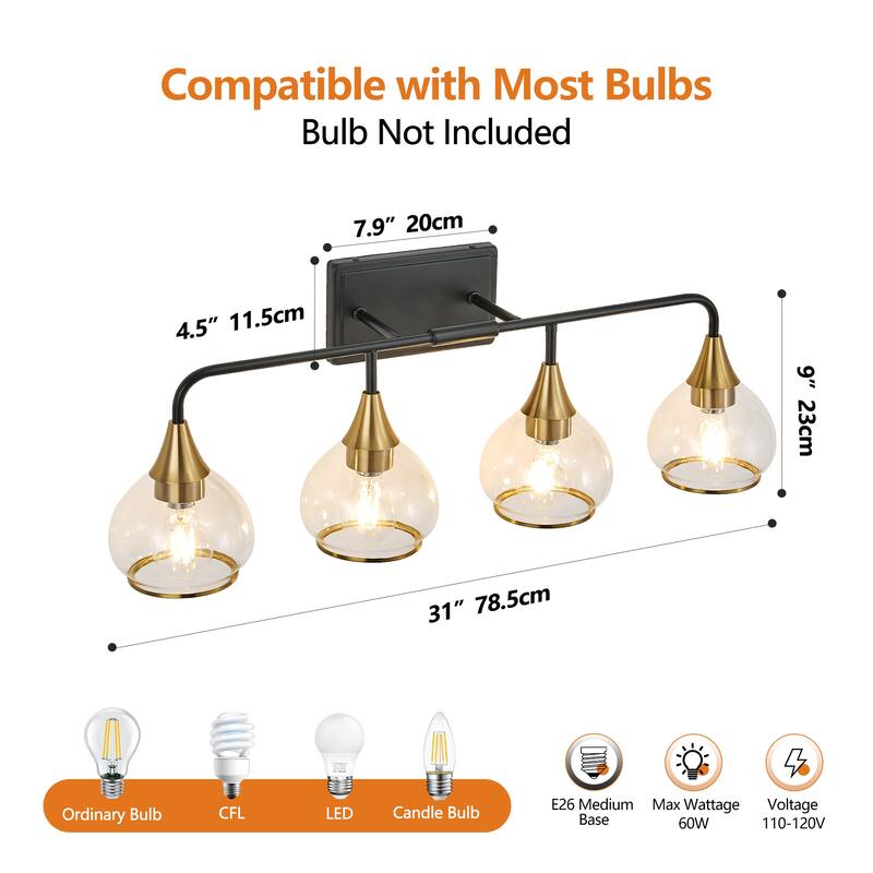 31" Modern 4-Light Vanity Wall Sconce, Bathroom Light Fixture with Clear Glass Shades