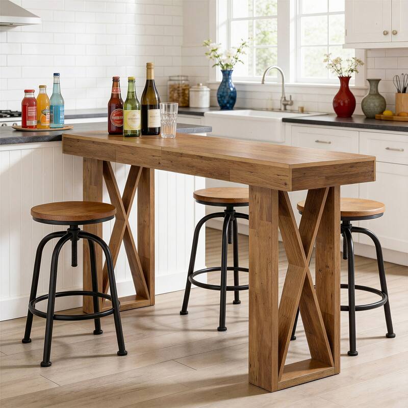 63-inch Bar Table, Counter Height Pub Table with Wooden X-Shaped Frame - Brown