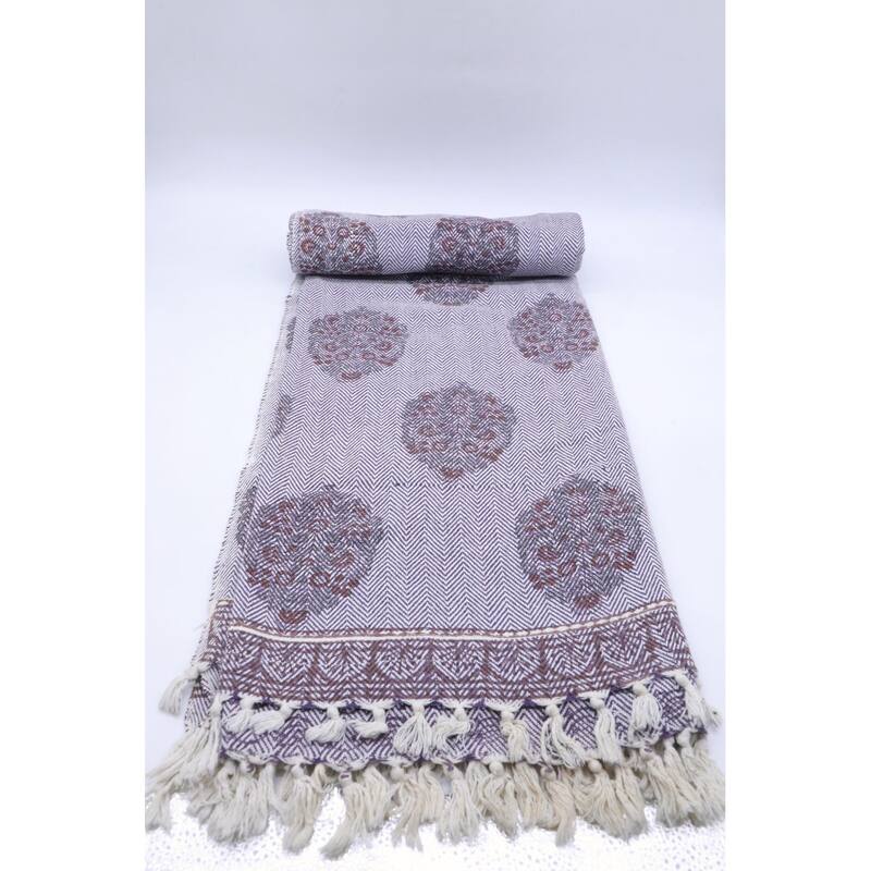 Fabdivine Guldasta Handcrafted Cotton Blanket - Floral Print Throw for Living Room, Bed, or Sofa with Hand-Tied Fringe, 90"x54"
