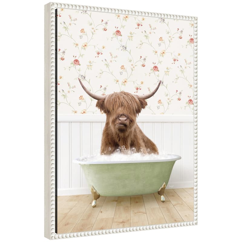 Kate and Laurel Sylvie Highland Cow in Cottage Farm Bath Framed Canvas by Amy Peterson - White