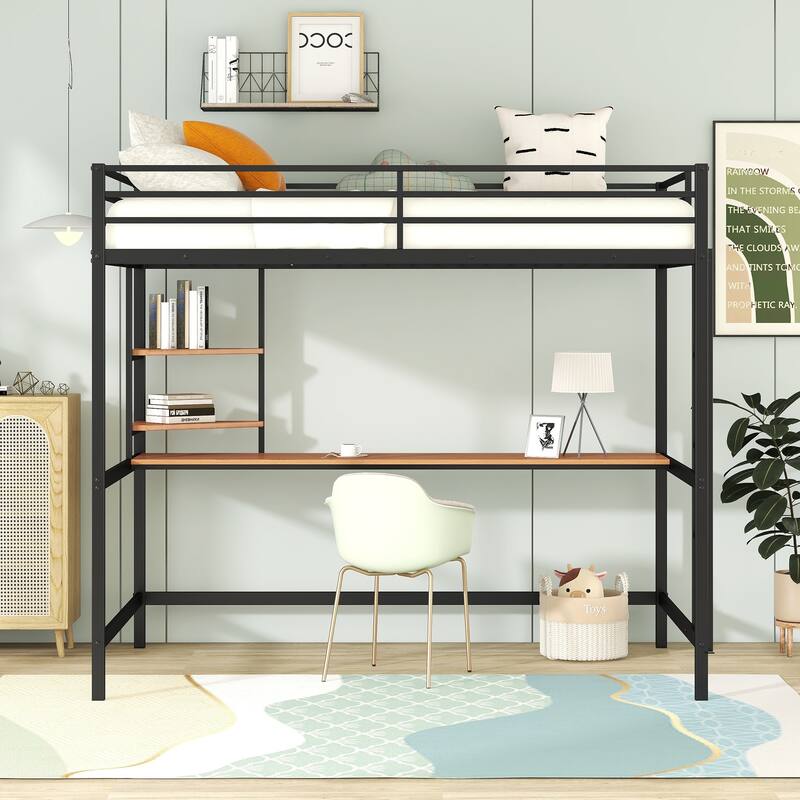 Black Full Size Metal Loft Bed with Desk, Ladder, and Shelf for Kids